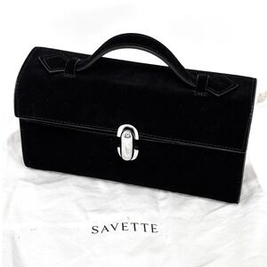 Savette Elegent Symmetry Pochette Classic Top Handle Bag Black Suede Clutch